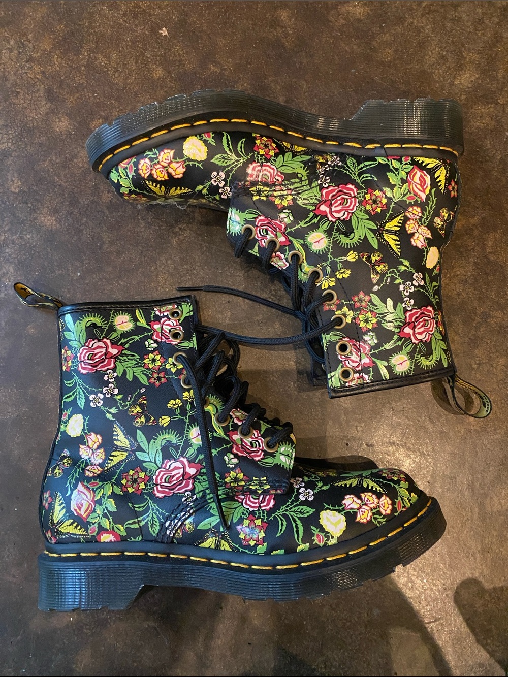 Dr. Martens Black Floral Lace-Up Boots with Pink & Green Roses 1460